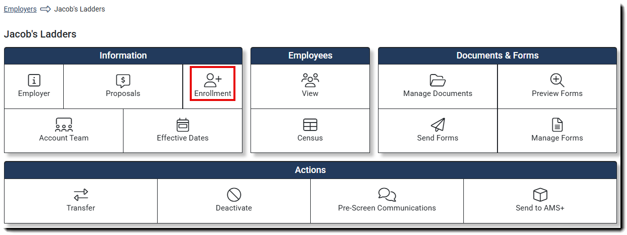 Screenshot showing how to navigate to the Enrollment Hub from the Employer Hub