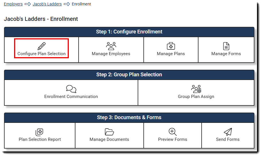 Screenshot showing how to navigate to the Configure Plan Selection screen from the Enrollment Hub