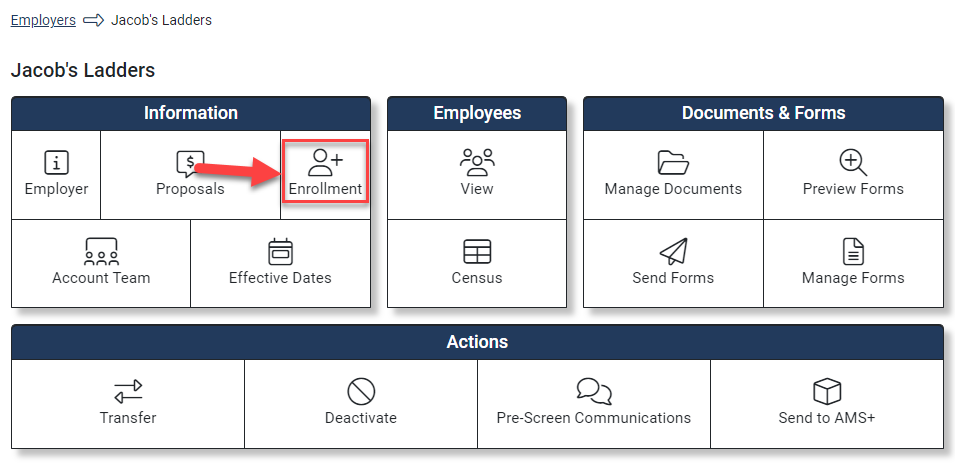 Screenshot showing how to access the Enrollment Hub from the Employer Hub