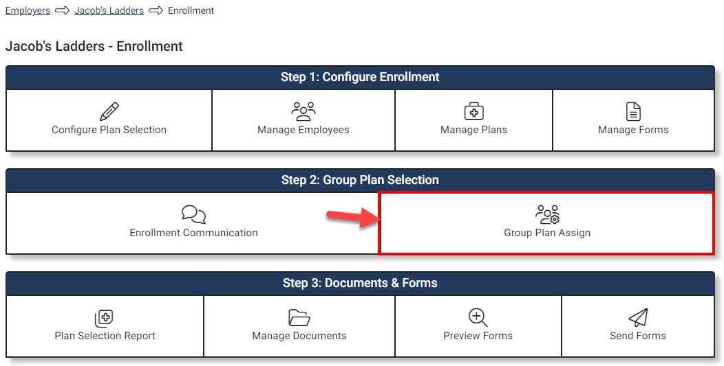 Screenshot highlighting hte Group Plan Assign setting in the Enrollment Hub