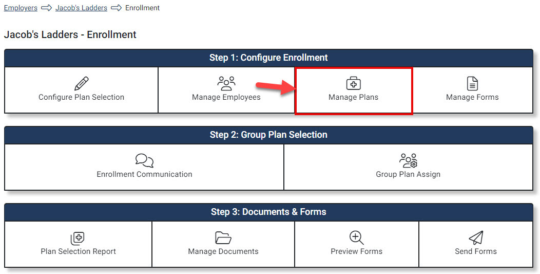 Screenshot highlighting the Manage Plans setting in the Enrollment Hub