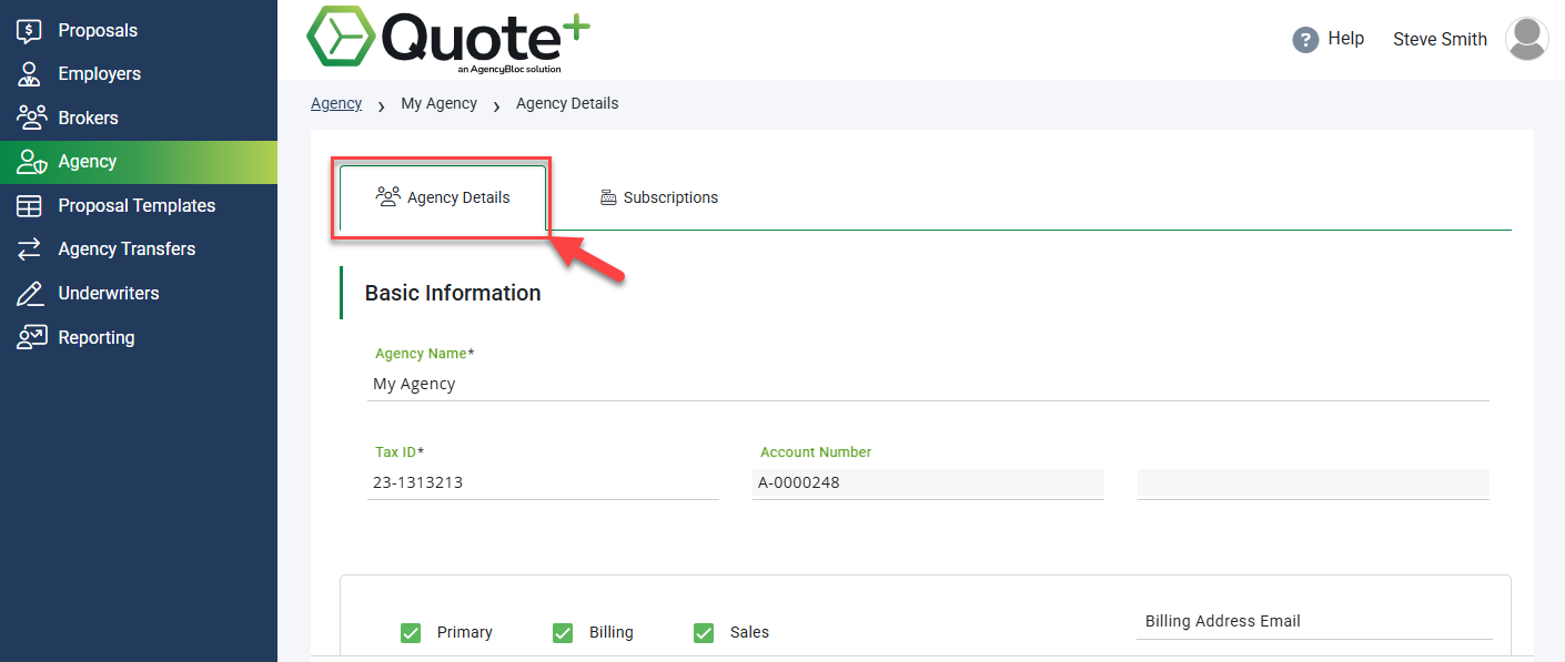 Screenshot showing the Agency Details tab of the Agency Page in Quote+