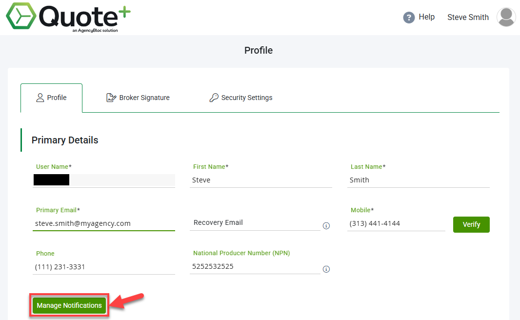 Screenshot highlighting the Manage Notifications button in Profile & Settings