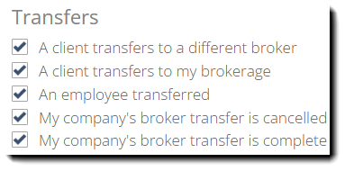Screenshot showing Transfers notifications