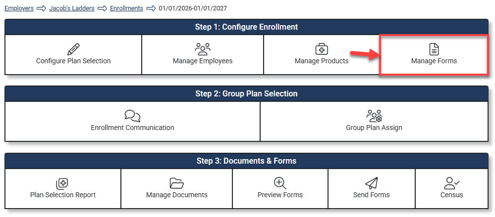 Screenshot highlighting the Manage Forms tile in the Enrollment Hub