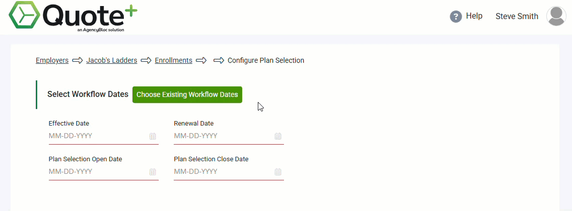 Animated image showing how to select an existing Effective Date to pull existing Proposal information into an Enrollment on the Configure Plan Selection page