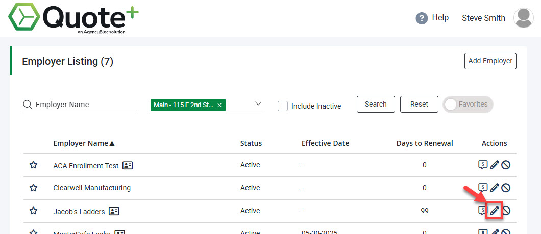 Screenshot showing how to edit an Employer from the Employer Listing to access the Employer Hub