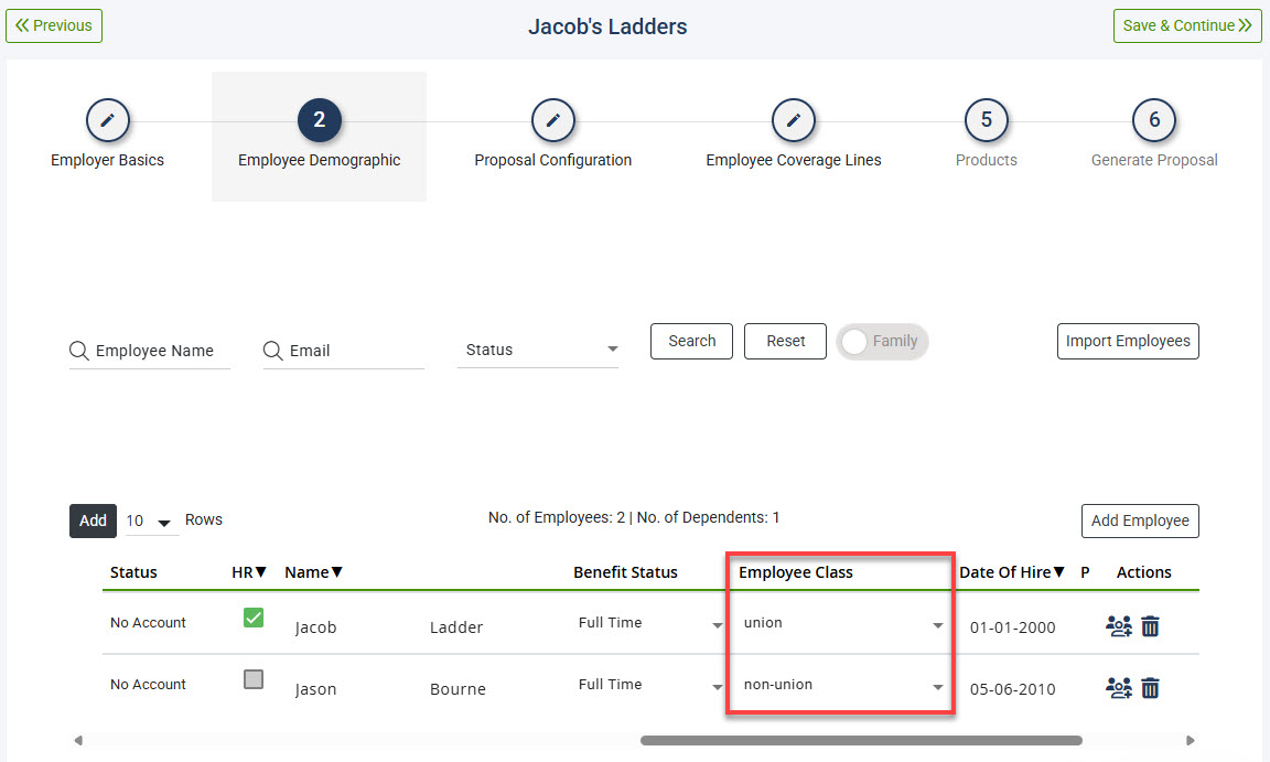 Screenshot showing how to assign classes to Employees on Step 2 of the Proposal process