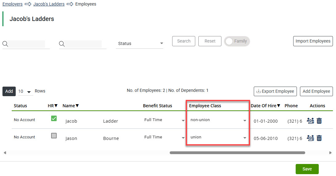 Screenshot showing how to assign classes to Employees in the Employee Listing