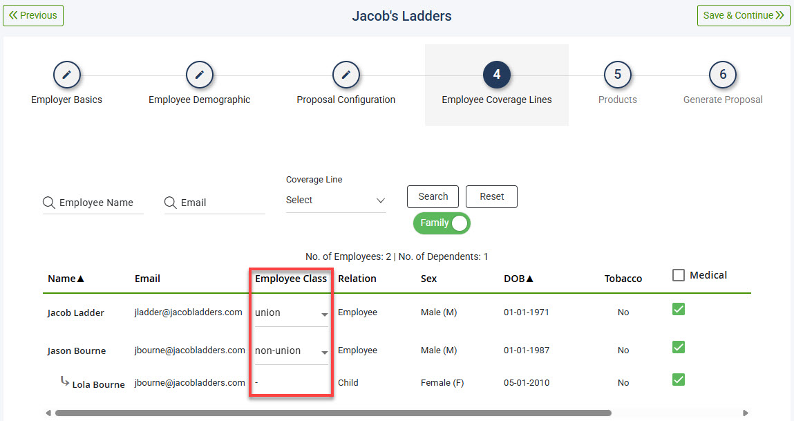 Screenshot showing how to assign classes to Employees on Step 4 of the Proposal process