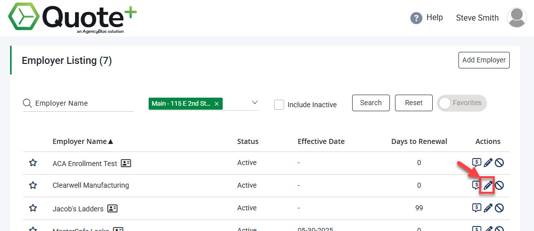 Screenshot showing how to navigate to the Employer Hub from the Employer Listing by selecting the pencil icon next to an Employer