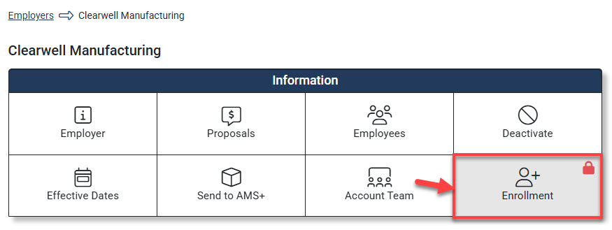 Screenshot showing how to unlock Enrollment functionality in the Employer Hub