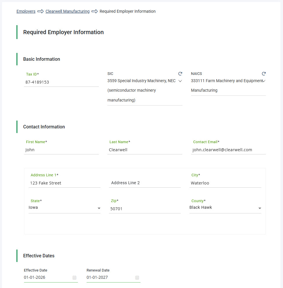 Screenshot showing Required Employer Information page after unlocking enrollment for an ACA Employer