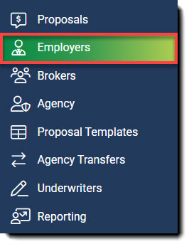 Screenshot highlighting the Employers link in Quote+'s left-hand navigation