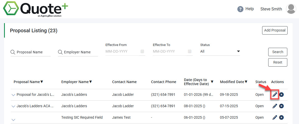 Screenshot showing how to open a Proposal by selecting the pencil icon in its row on the Proposal Listing page