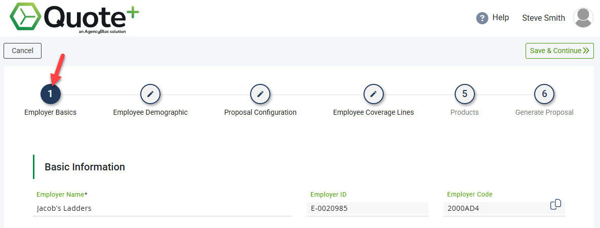 Screenshot emphasizing Step 1: Employer Basics in a Proposal
