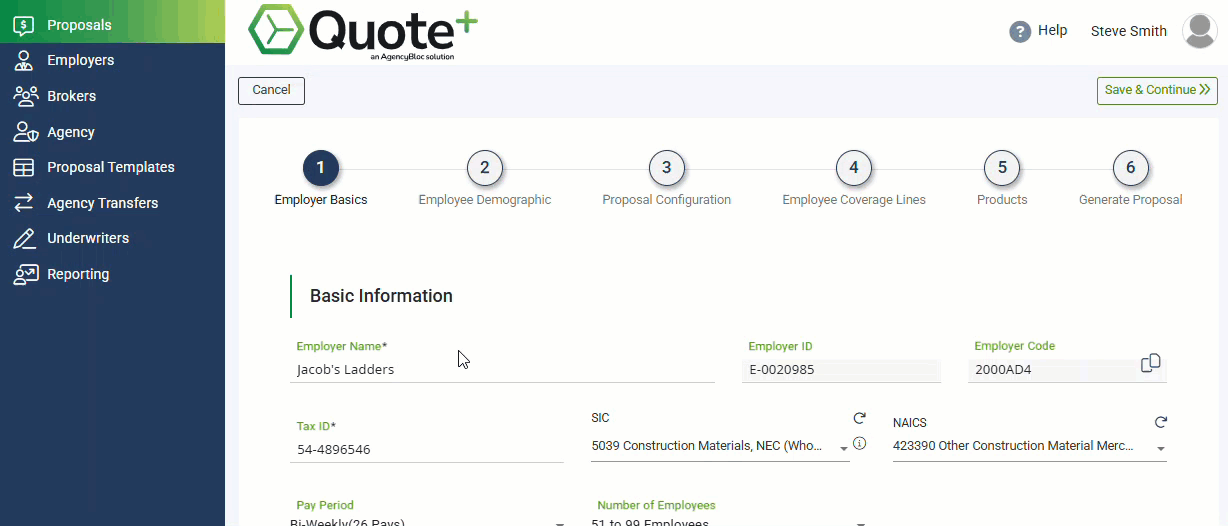 Animated image showing how to navigate to the Employee Classes section on Step 1 of a Proposal