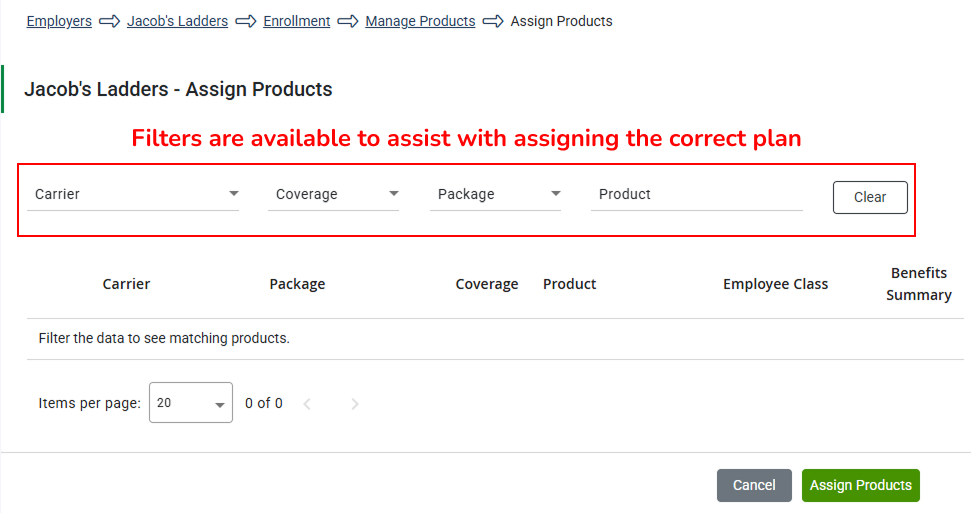 Screenshot showing how to filter and search for products on the Assign Products page