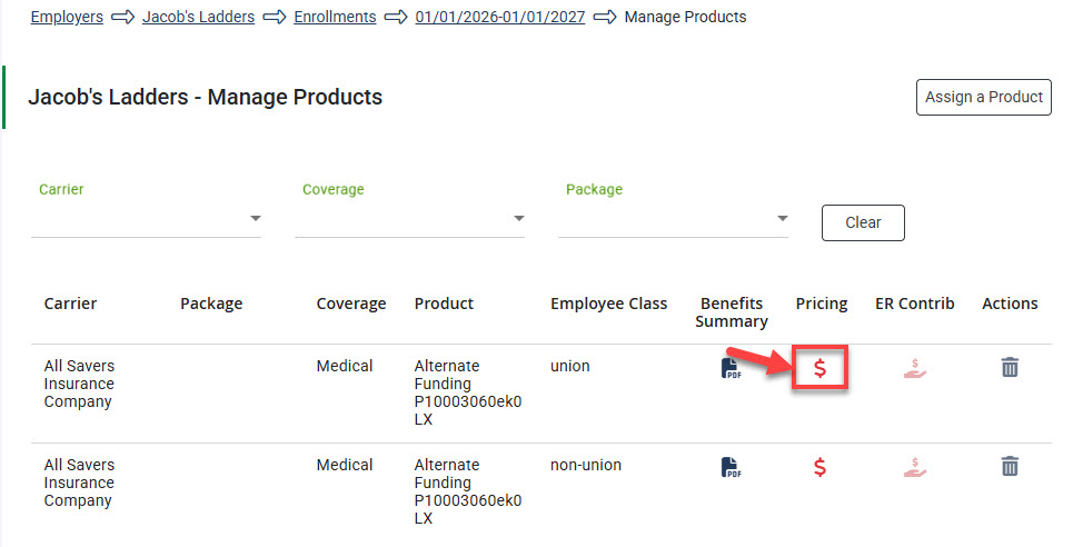 Screenshot showing how to edit a product's pricing on the Manage Products page