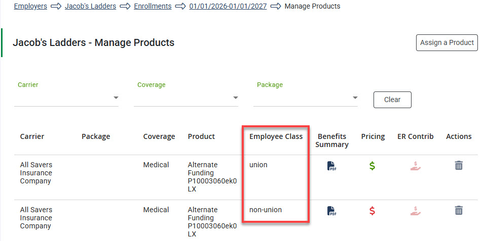 Screenshot highlighting the Employee Class column on the Manage Products page