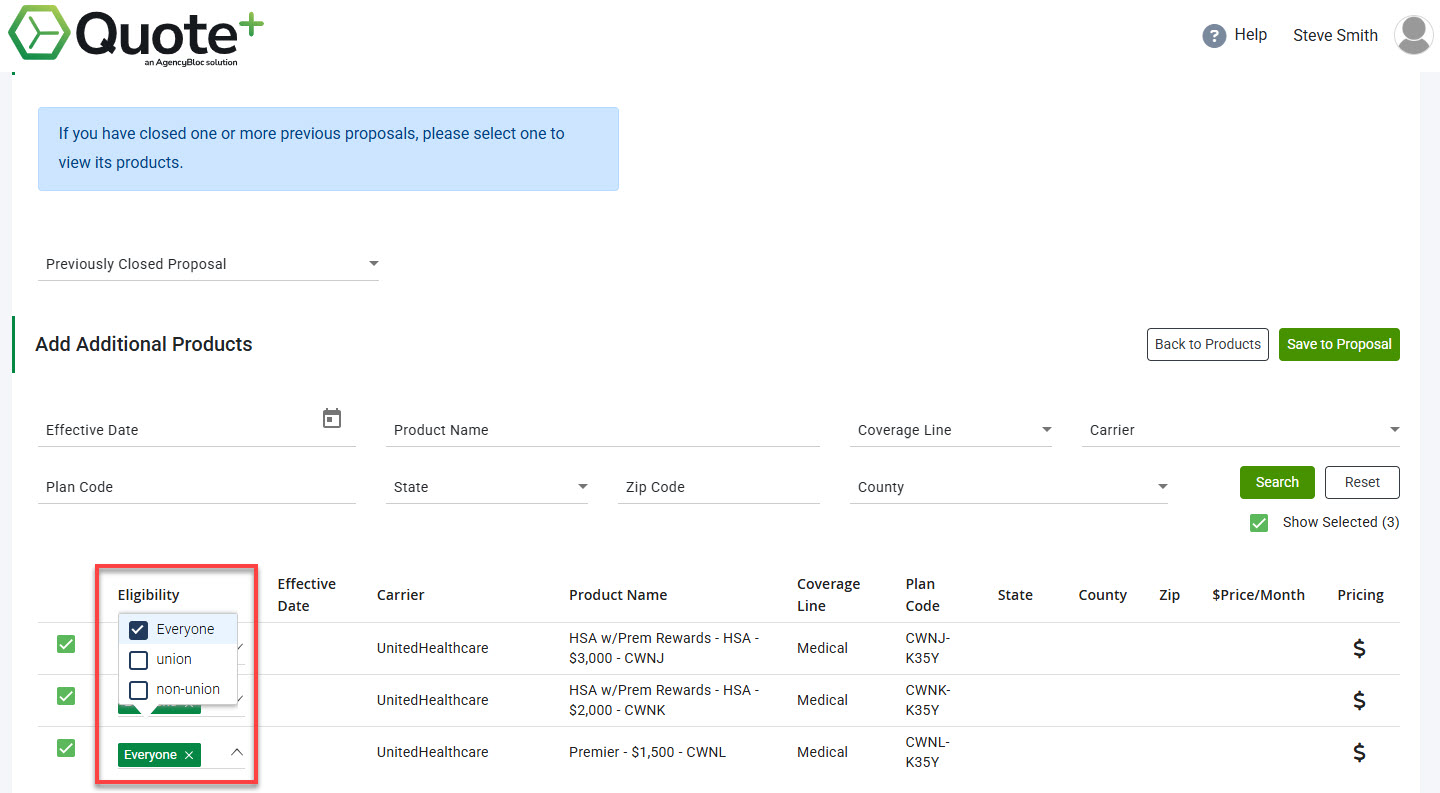 Screenshot showing how to assign Employee Classes to current products in a Proposal