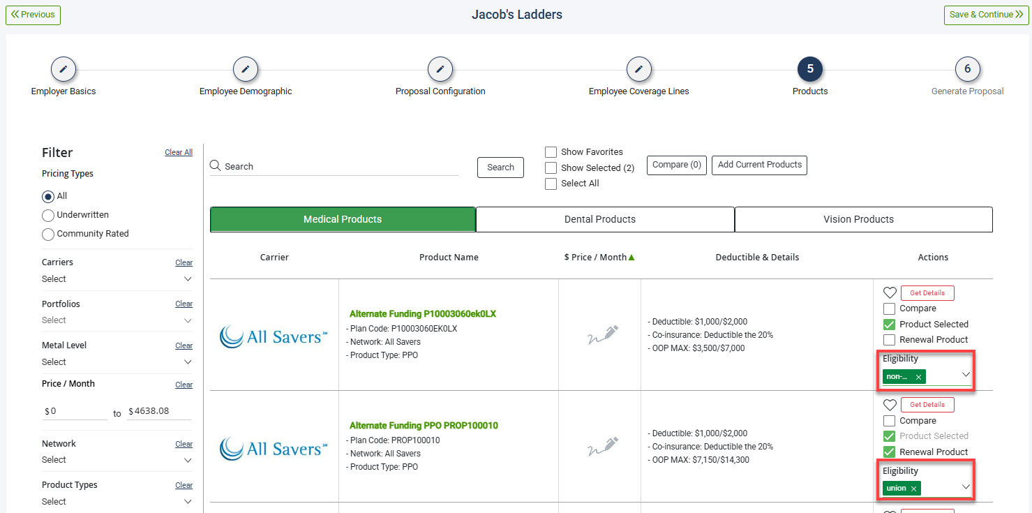 Screenshot showing how to assign Employee Classes to renewal and new products in a Proposal