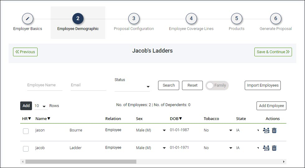 Screenshot showing how to add Employees in the Proposal process