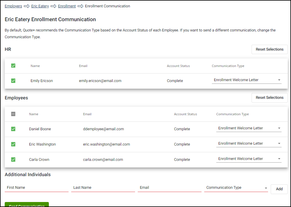 Screenshot showing the Enrollment Communications page