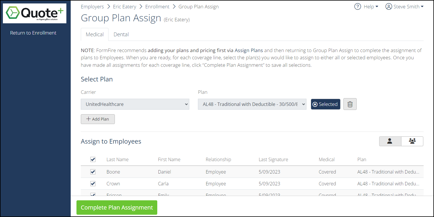 Screenshot showing the Group Plan Assign page