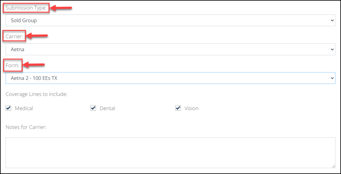 Screenshot highlighting the required fields for submitting forms to a Carrier for Enrollment