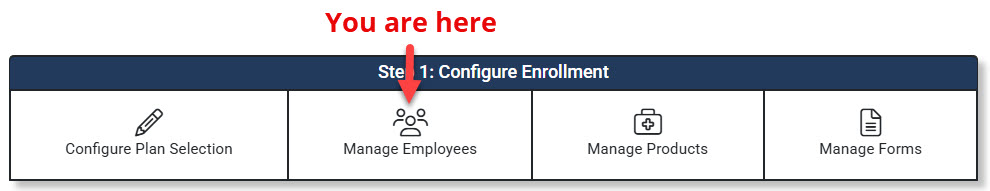 Screenshot highlighting the Manage Employees link in the Enrollment Hub