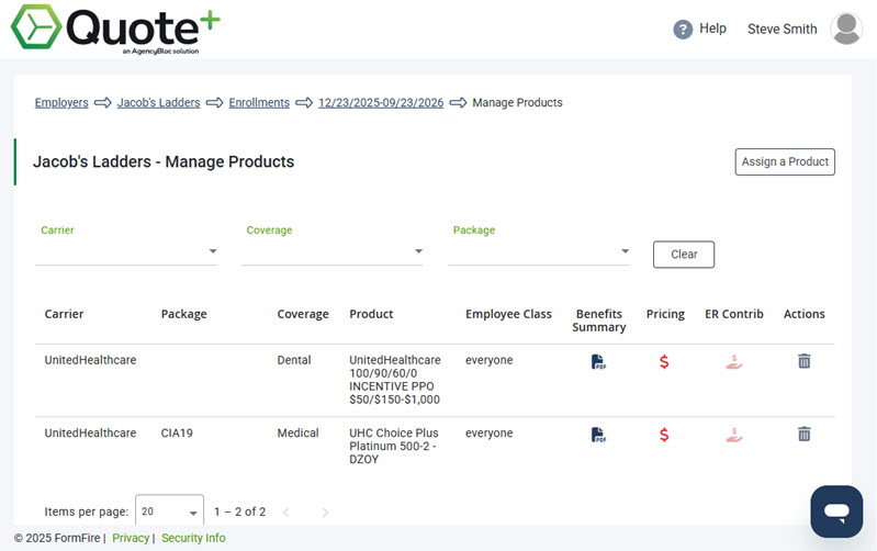 Screenshot showing the Manage Products page