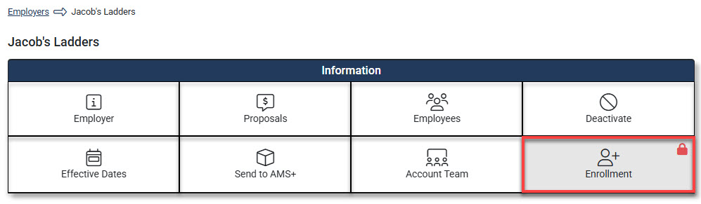 Screenshot showing how to start the process for unlocking Enrollment functionality from the Employer Hub