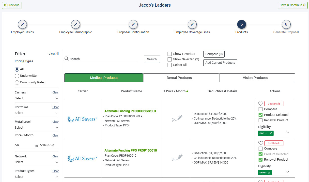 Screenshot showing Step 5 Products in a Proposal