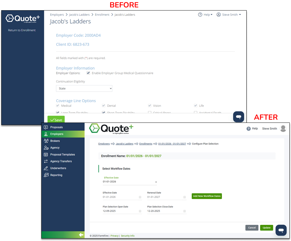 Image showing the Configure Plan Selection page before and after the release