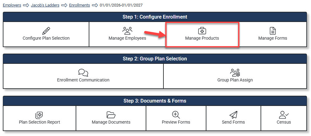 Screenshot highlighting the Manage Products tile in the Enrollment Hub
