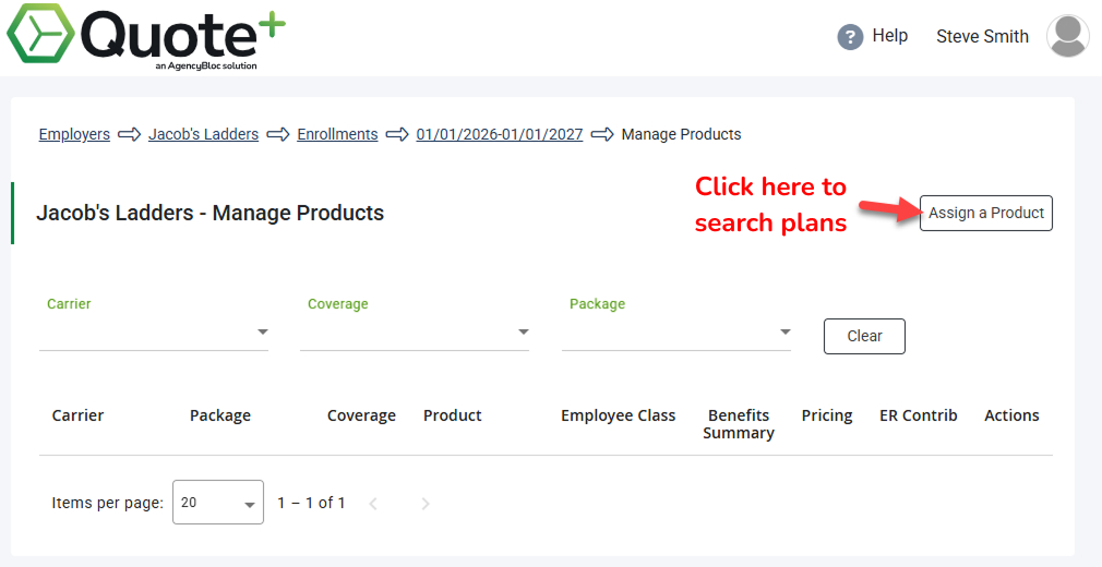 Screenshot showing how to start assigning products to an enrollment on the Manage Products page