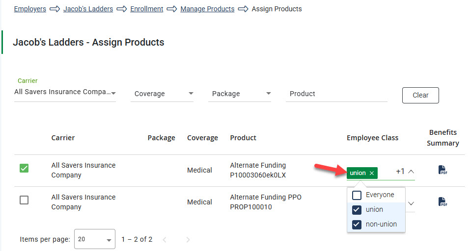 Screenshot showing how to add Employee Classes to a product on the Assign Products page