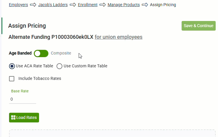 Animated image showing how to select the product rating Age Banded or Composite on the Assign Pricing screen