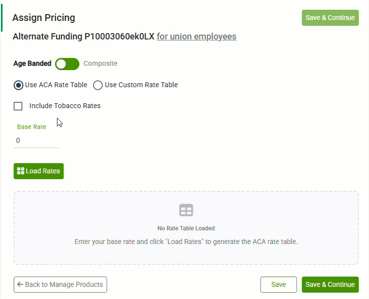 Animated image showing how to load rates when using an ACA Rate Table for Age Banded on the Assign Pricing screen