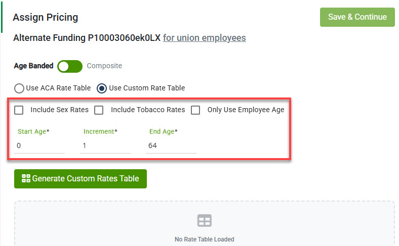 Screenshot highlighting additional settings when using custom rate table for Age Banded on the Assign Pricing screen