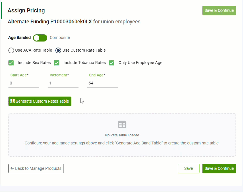 Animated image showing how to generate a custom rate table for Age Banded on the Assign Pricing screen