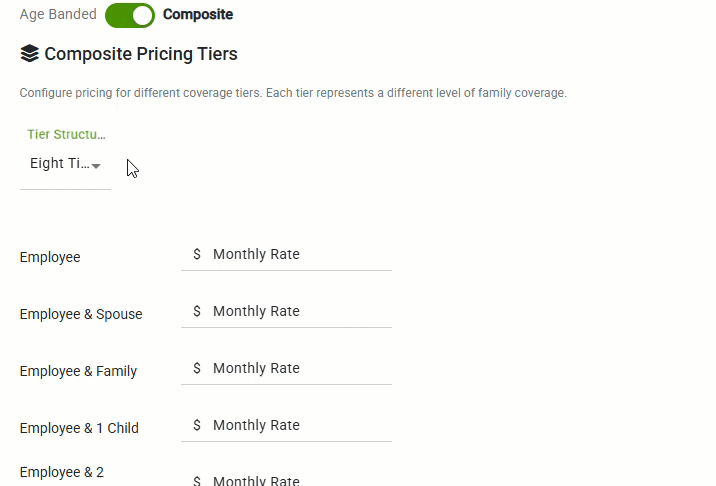 Animated image showing how to change the tier structure for composite pricing tiers on the Assign Employer Contibutions screen