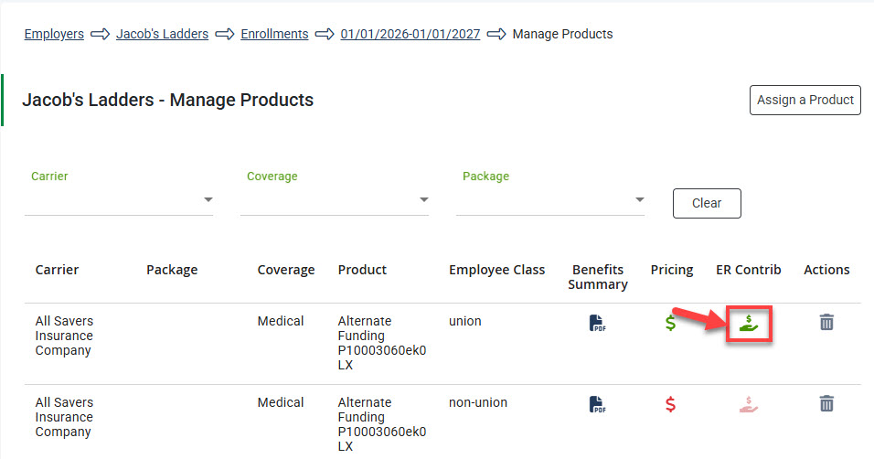 Screenshot highlighting a product with both pricing and employer contributions completed on the Manage Products page