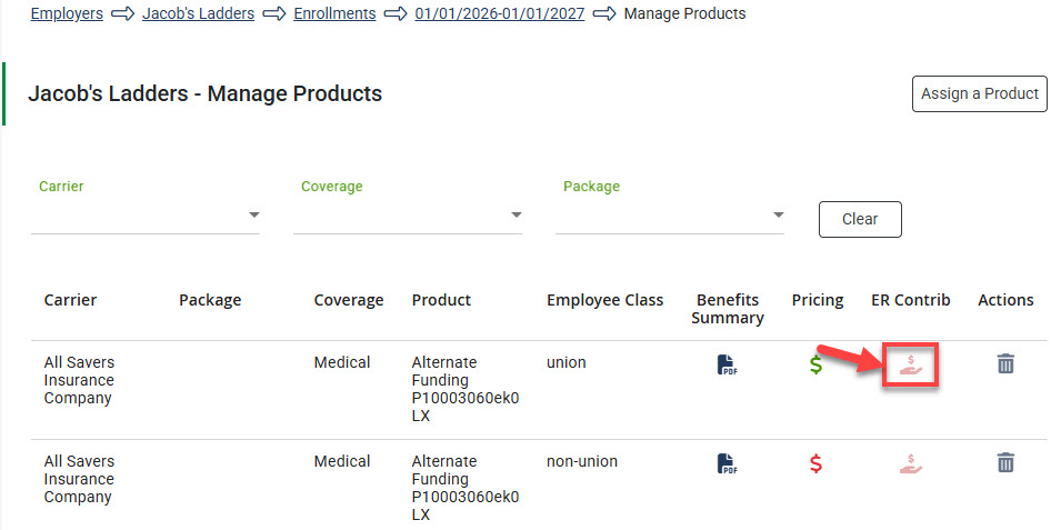 Screenshot highlighting a product that still needs employer contributions to be entered on the Manage Products page