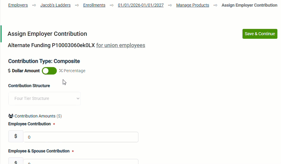 Animated image showing how to switch between dollar amount and percentage for the composite contribution type on the Assign Employer Contribution screen