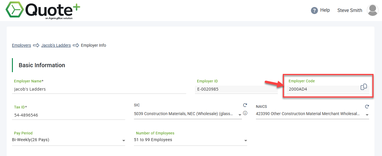 Screenshot highlighting the Employer Code on the Employer Info page