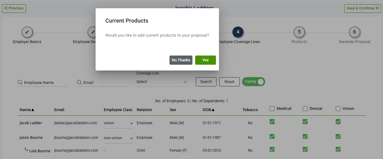Screenshot showing the prompt to add current products when moving from Step 4 of the Proposal process to Step 5
