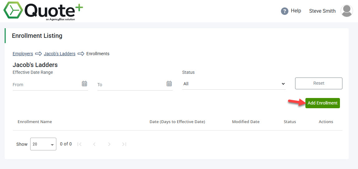 Screenshot showing how to add a new Enrollment from the Enrollment Listing
