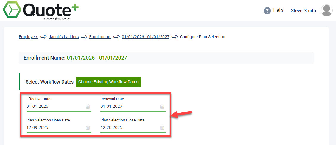Screenshot showing how to edit Enrollment Dates on the Configure Plan Selection page
